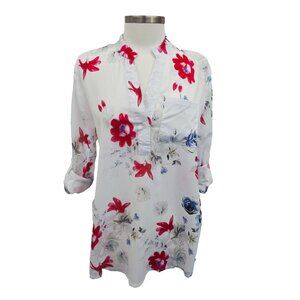 NWOT Floral V-Neck Blouse Top Womens 2XL XXL Roll Tab Sleeve Pocket White Multi